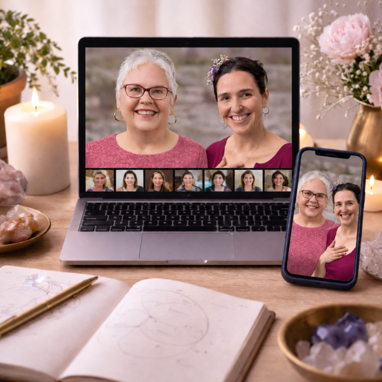 Karen and Christene leading a live online workshop across laptop and phone screens