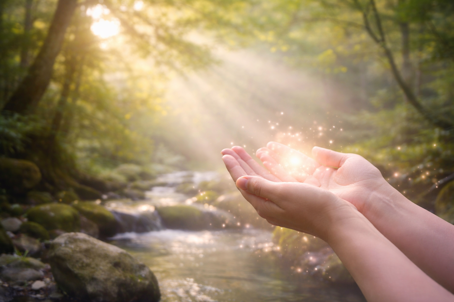 Hands cradling warm morning light in a forest stream, representing feminine money flow