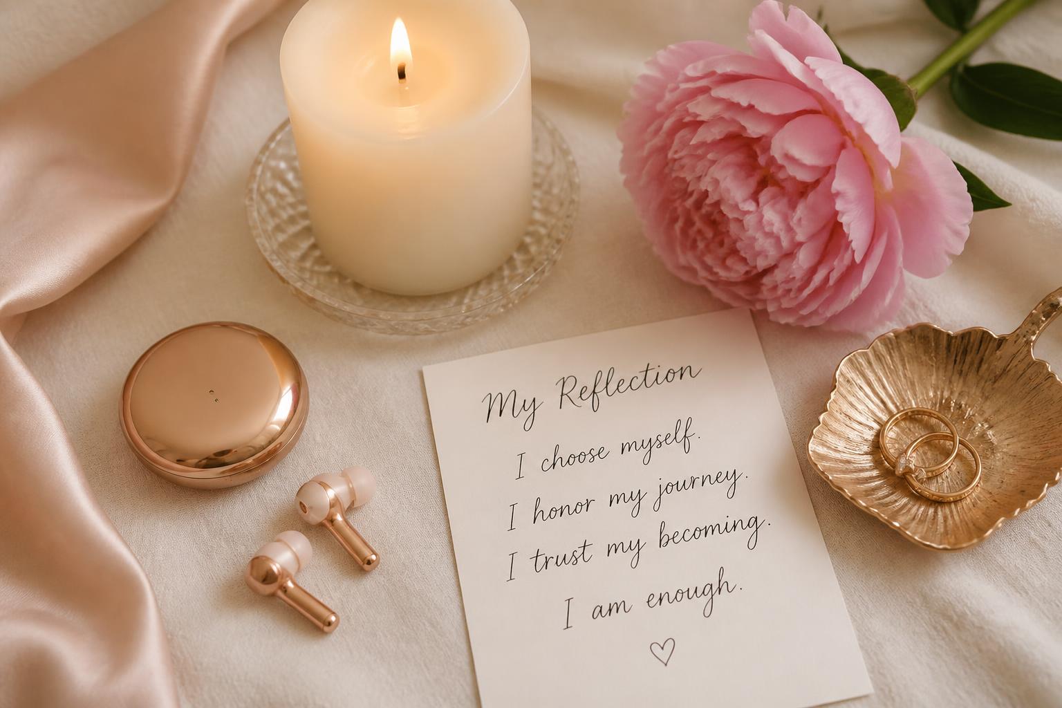 Rose-gold wireless earbuds, a lit ivory candle, a fresh pink peony and a handwritten reflection card arranged on soft linen — the preparation ritual of The Opening