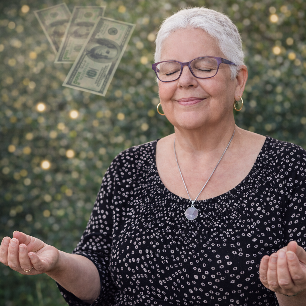 Karen in a meditative posture, representing safety, receiving, and feminine stewardship with money
