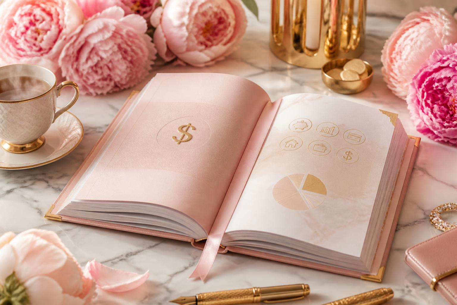 An elegant open guide on marble surrounded by pink peonies, a gold pen and a porcelain teacup — the Feminine Financial Language Guide
