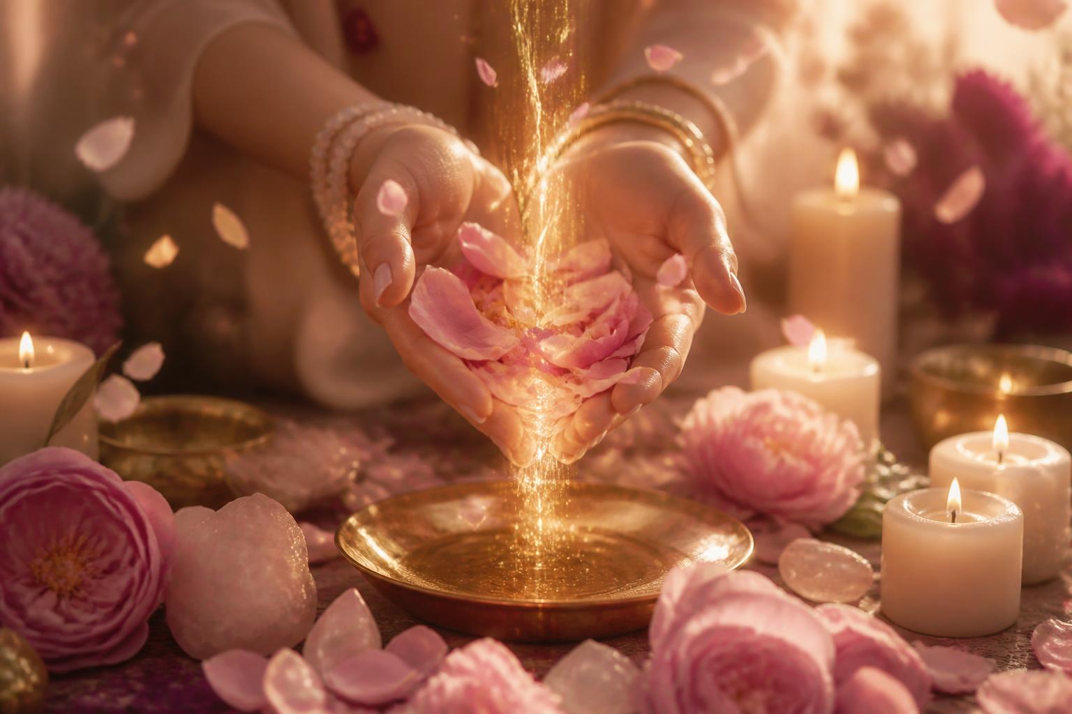 Soft hands cradling pink peony petals with golden light flowing into a brass bowl among candles — the Money Flow Meditation