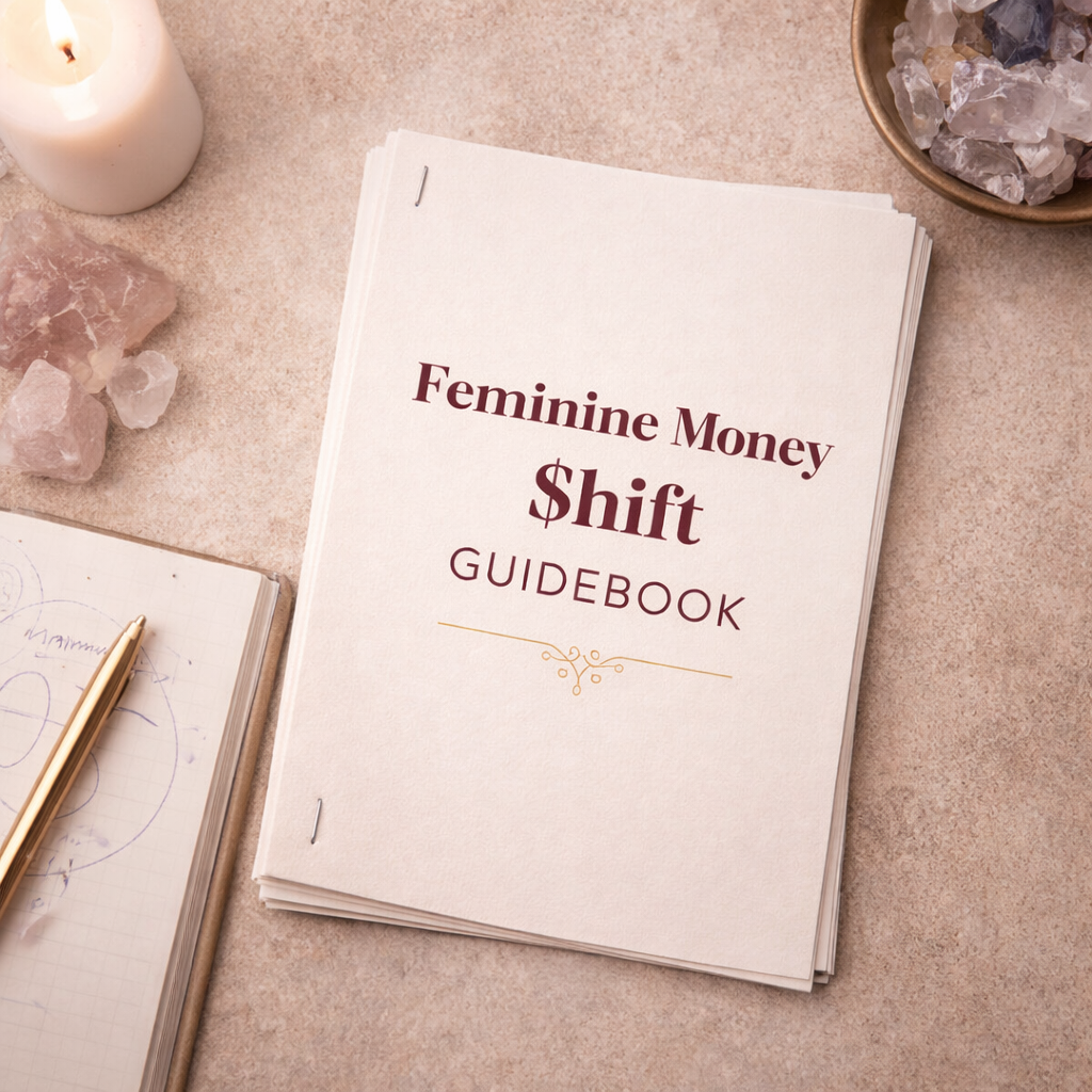 Feminine Money Shift guidebook on a desk with crystals and a journal