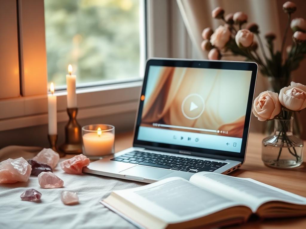 A cozy workspace with a laptop showing the workshop replay, surrounded by candles, crystals, and peonies